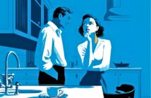 A man and woman stand in a blue-tinted kitchen. The man looks down with hands in his pockets, while the woman stands near the counter, resting her chin on her hand, appearing thoughtful or concerned.