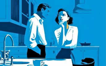 A man and woman stand in a blue-tinted kitchen. The man looks down with hands in his pockets, while the woman stands near the counter, resting her chin on her hand, appearing thoughtful or concerned.