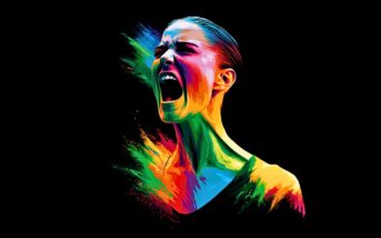 A colorful digital painting of a person screaming, with vivid neon hues splashed across their face and neck on a black background, conveying intense emotion and energy.