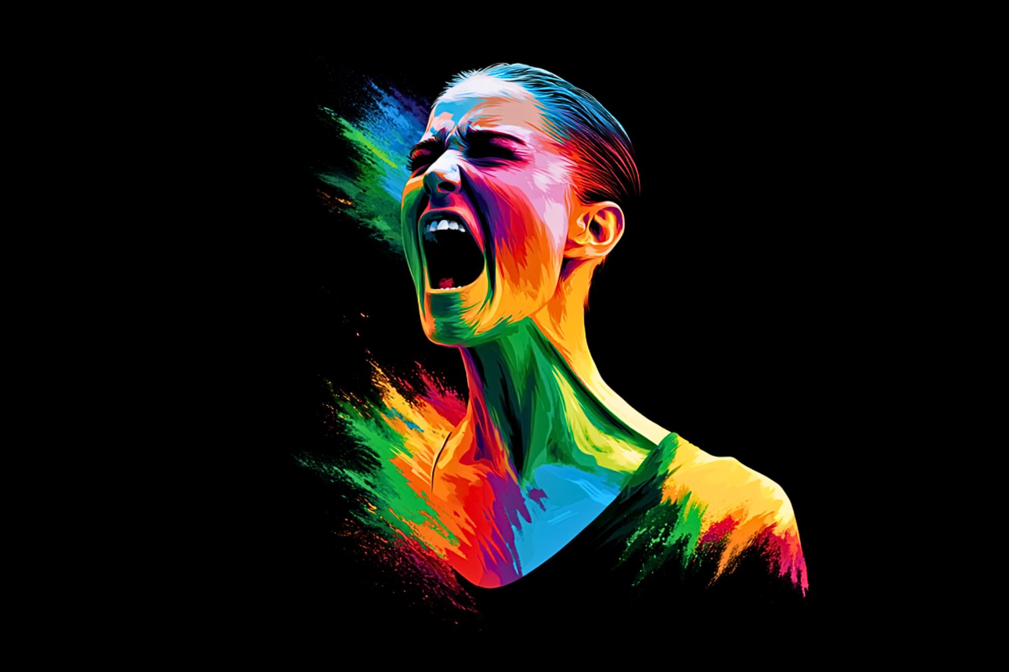 A colorful digital painting of a person screaming, with vivid neon hues splashed across their face and neck on a black background, conveying intense emotion and energy.
