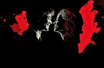 A man and woman, illustrated in black and white, smile at each other against a black background with bold red paint splatters and shapes behind them.