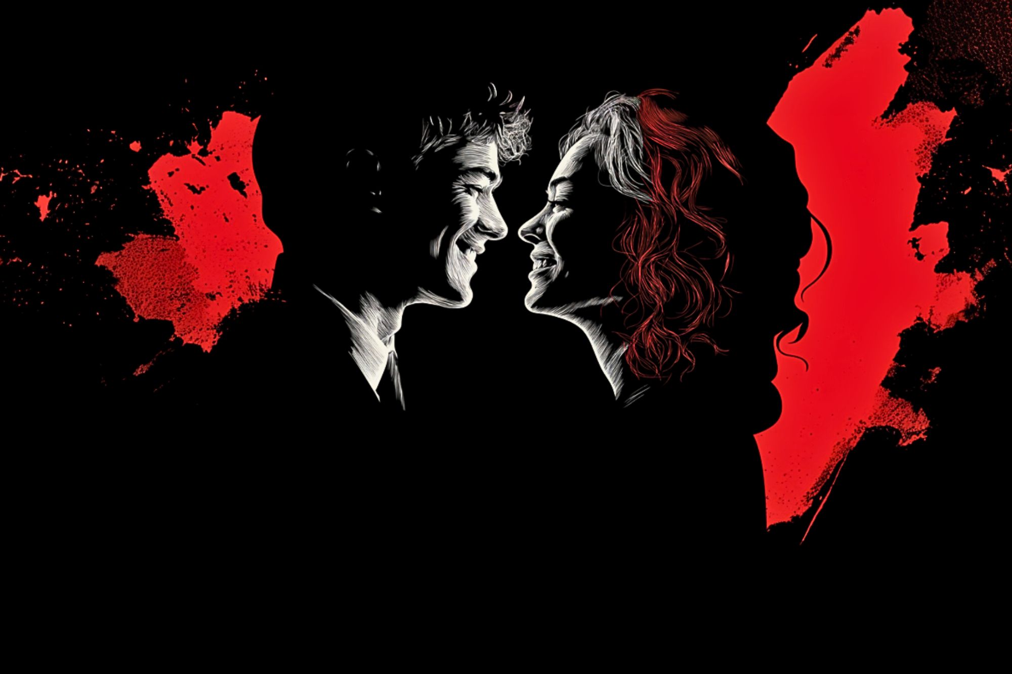 A man and woman, illustrated in black and white, smile at each other against a black background with bold red paint splatters and shapes behind them.