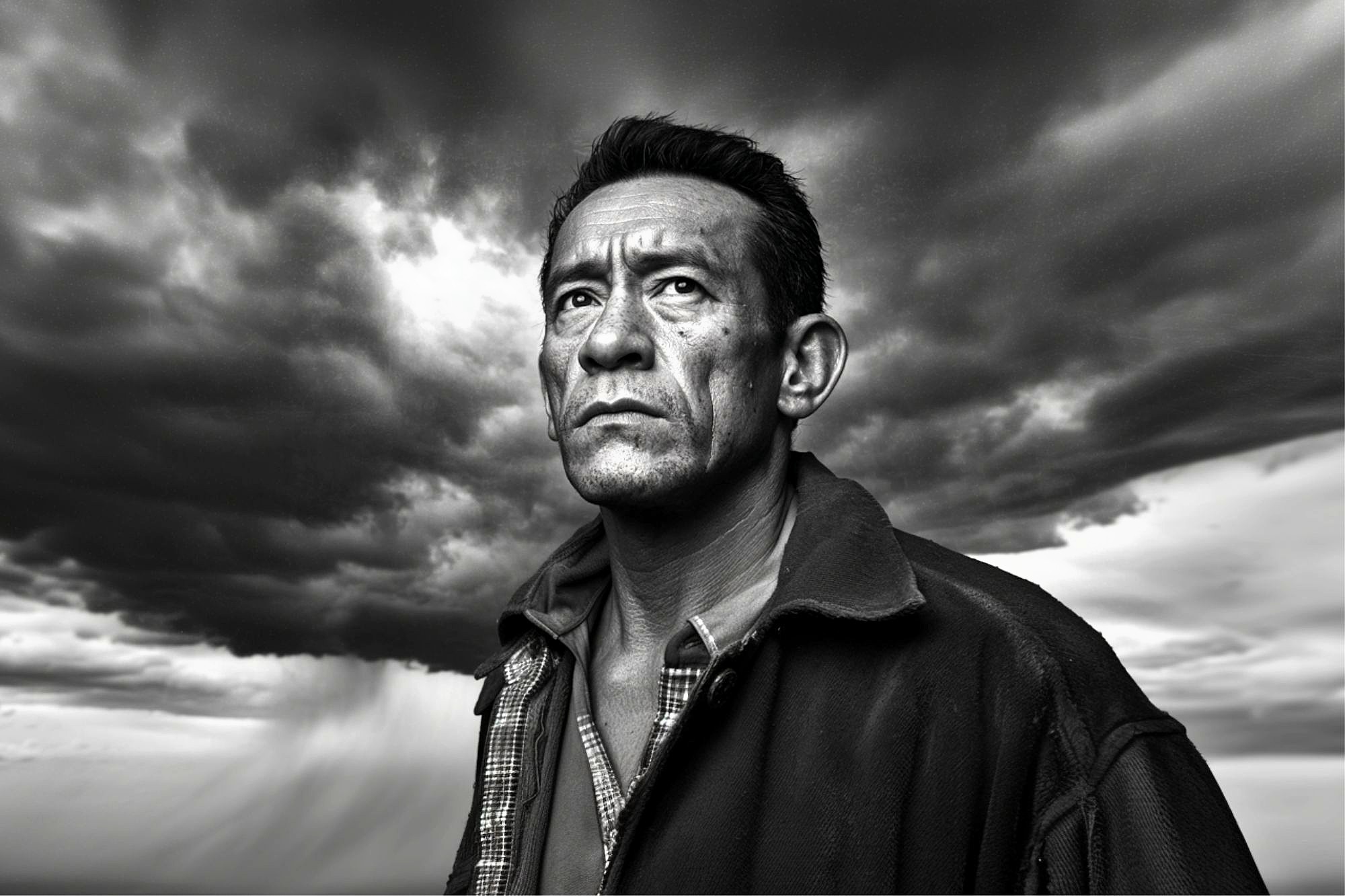 A black-and-white photo of a serious man with short hair and a rugged jacket, standing outdoors under dramatic, dark storm clouds. The wind appears to be blowing his jacket slightly.