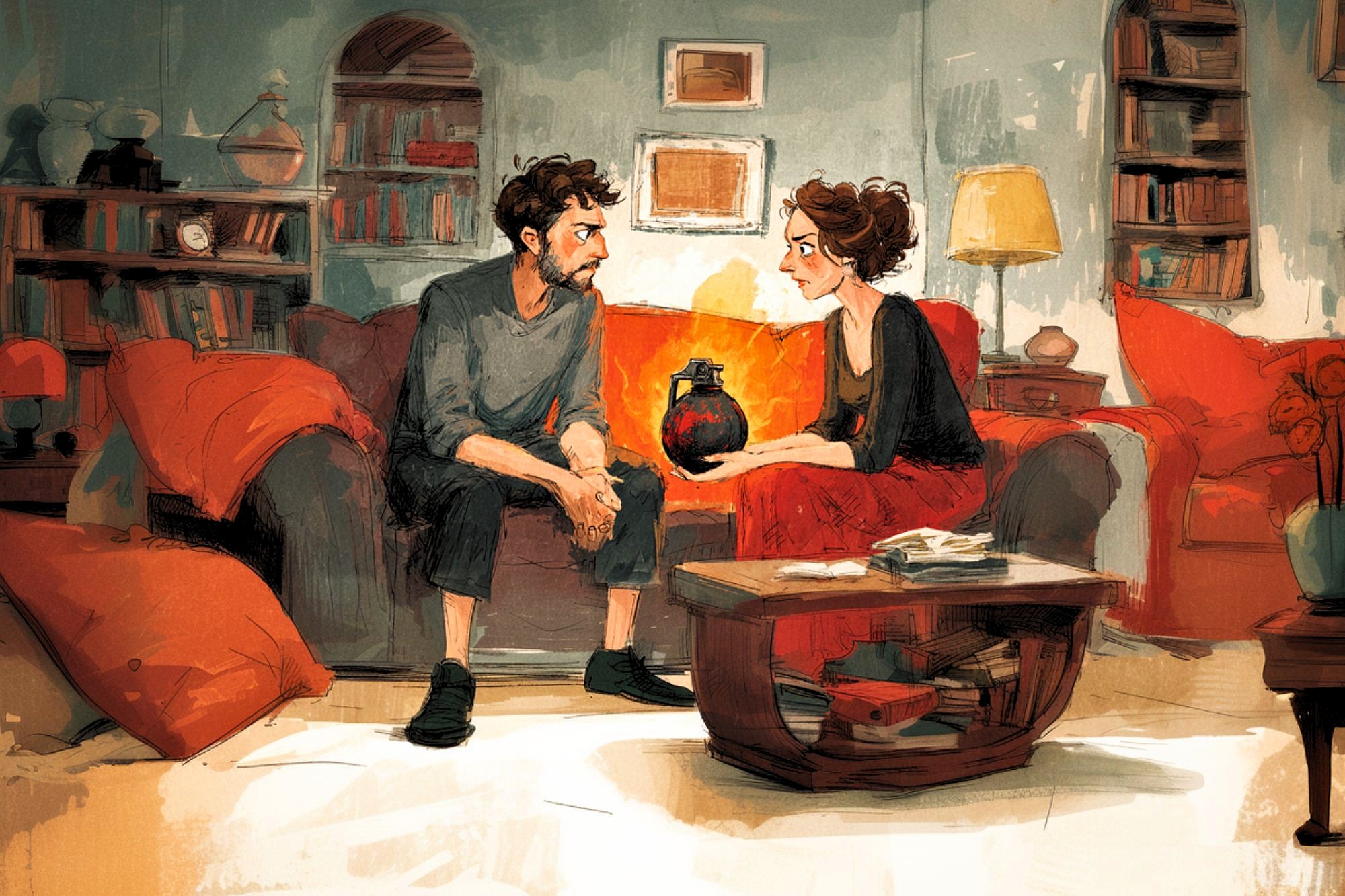 A man and a woman sit on a couch in a cozy, warmly lit living room, talking seriously. The woman holds a dark vase. Bookshelves, a lamp, and a fireplace with a glowing fire decorate the background.