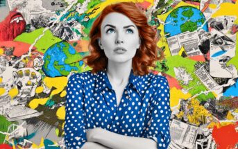 A woman with red hair in a blue polka-dot shirt stands with arms crossed, looking upward thoughtfully. Behind her is a colorful, chaotic collage of world maps, paperwork, and illustrations.