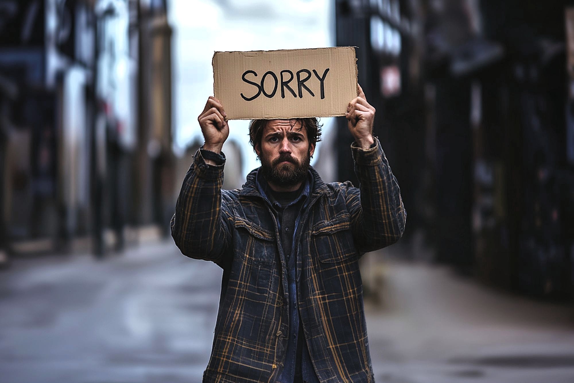 A man in a plaid jacket stands in an empty street, holding up a cardboard sign that reads "SORRY" in large letters. He has a serious expression and appears to be seeking forgiveness.