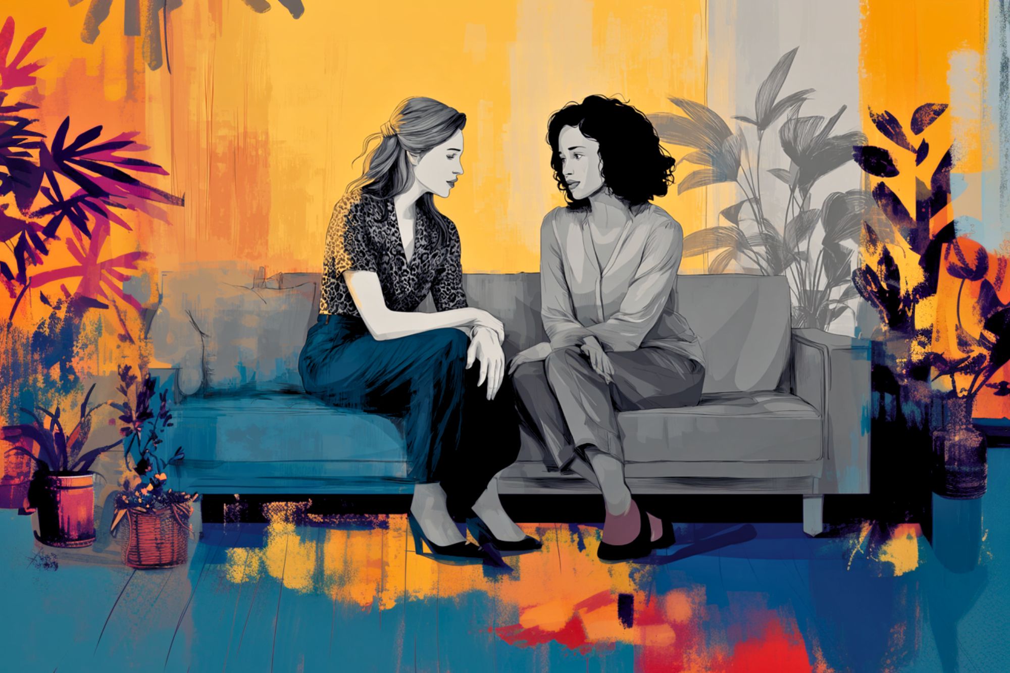 Two women sit closely on a sofa, engaged in a serious conversation. The background features colorful abstract art, potted plants, and soft lighting, blending warm yellow and cool blue tones.