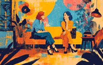 Two women sit on a yellow sofa in a vibrant, colorful room with abstract patterns and plants, engaged in conversation. One has red hair and wears blue, the other has blue hair and wears orange. The scene is warm and artistic.
