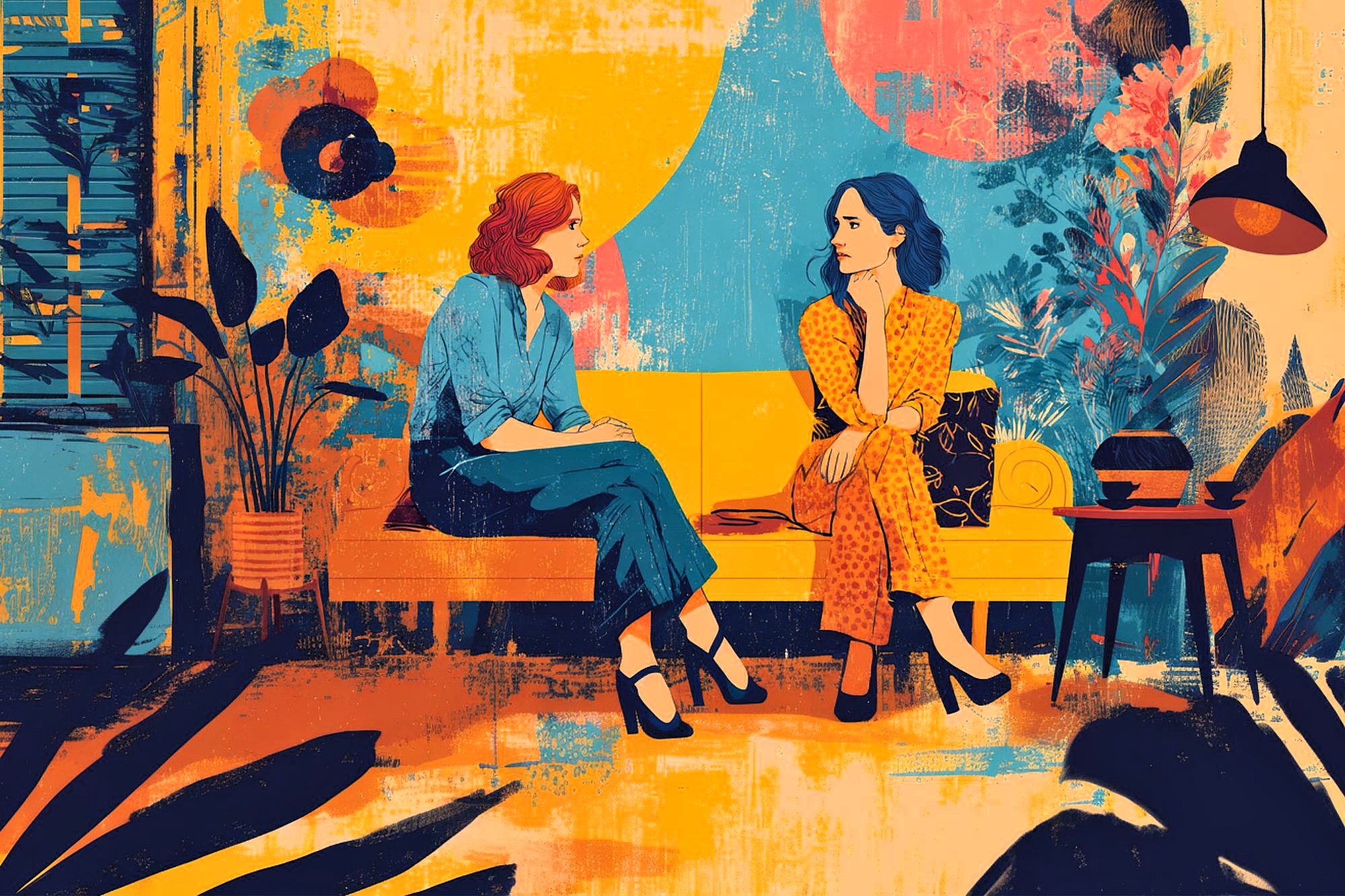 Two women sit on a yellow sofa in a vibrant, colorful room with abstract patterns and plants, engaged in conversation. One has red hair and wears blue, the other has blue hair and wears orange. The scene is warm and artistic.