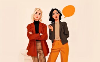 Two stylish young women stand side by side; one with blonde hair in a red jacket and plaid pants, arms crossed, and one with dark hair in a brown jacket and orange pants, speaking with an orange speech bubble.