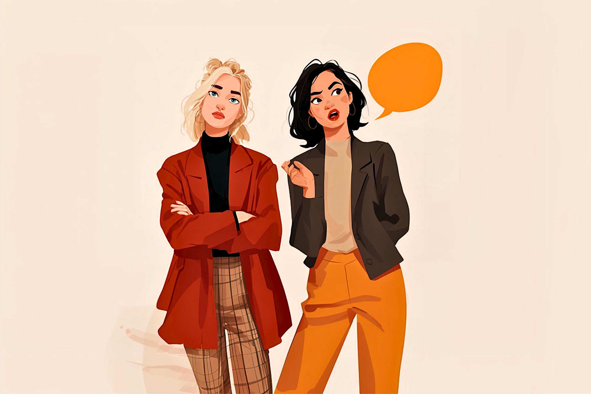 Two stylish young women stand side by side; one with blonde hair in a red jacket and plaid pants, arms crossed, and one with dark hair in a brown jacket and orange pants, speaking with an orange speech bubble.