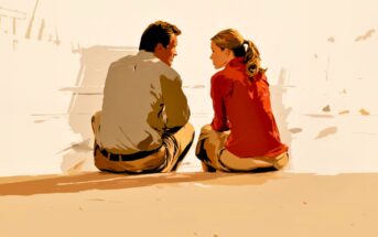 Illustration of a man and a woman sitting cross-legged on the ground, facing each other and engaged in conversation, with a soft, neutral background.