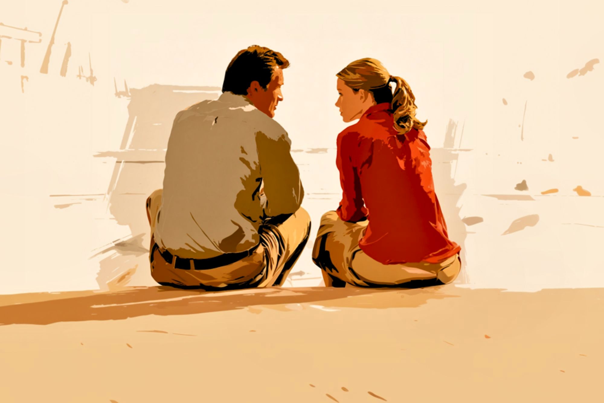 Illustration of a man and a woman sitting cross-legged on the ground, facing each other and engaged in conversation, with a soft, neutral background.
