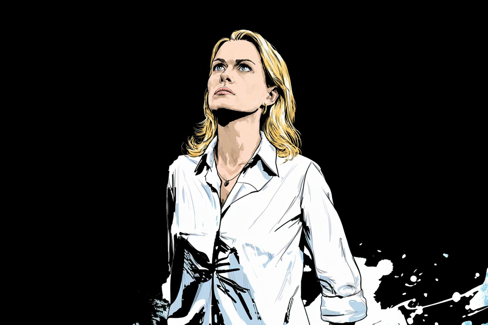 Illustrated image of a woman with blonde hair wearing a white shirt, looking upward with a serious expression against a solid black background with white splatters near the bottom.