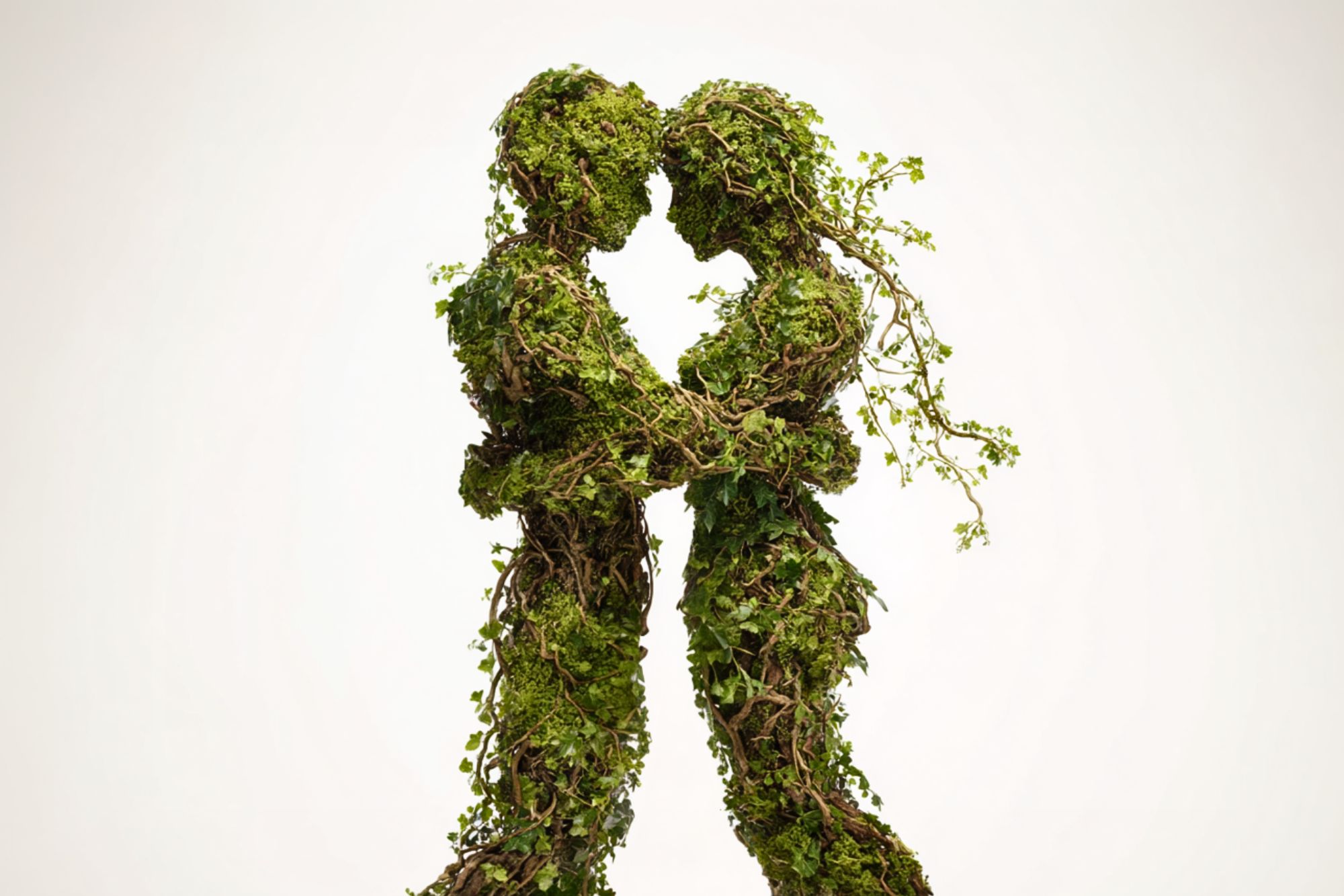 Two human figures made of intertwined vines, leaves, and moss stand face to face, holding each other closely as if about to kiss, against a plain white background.
