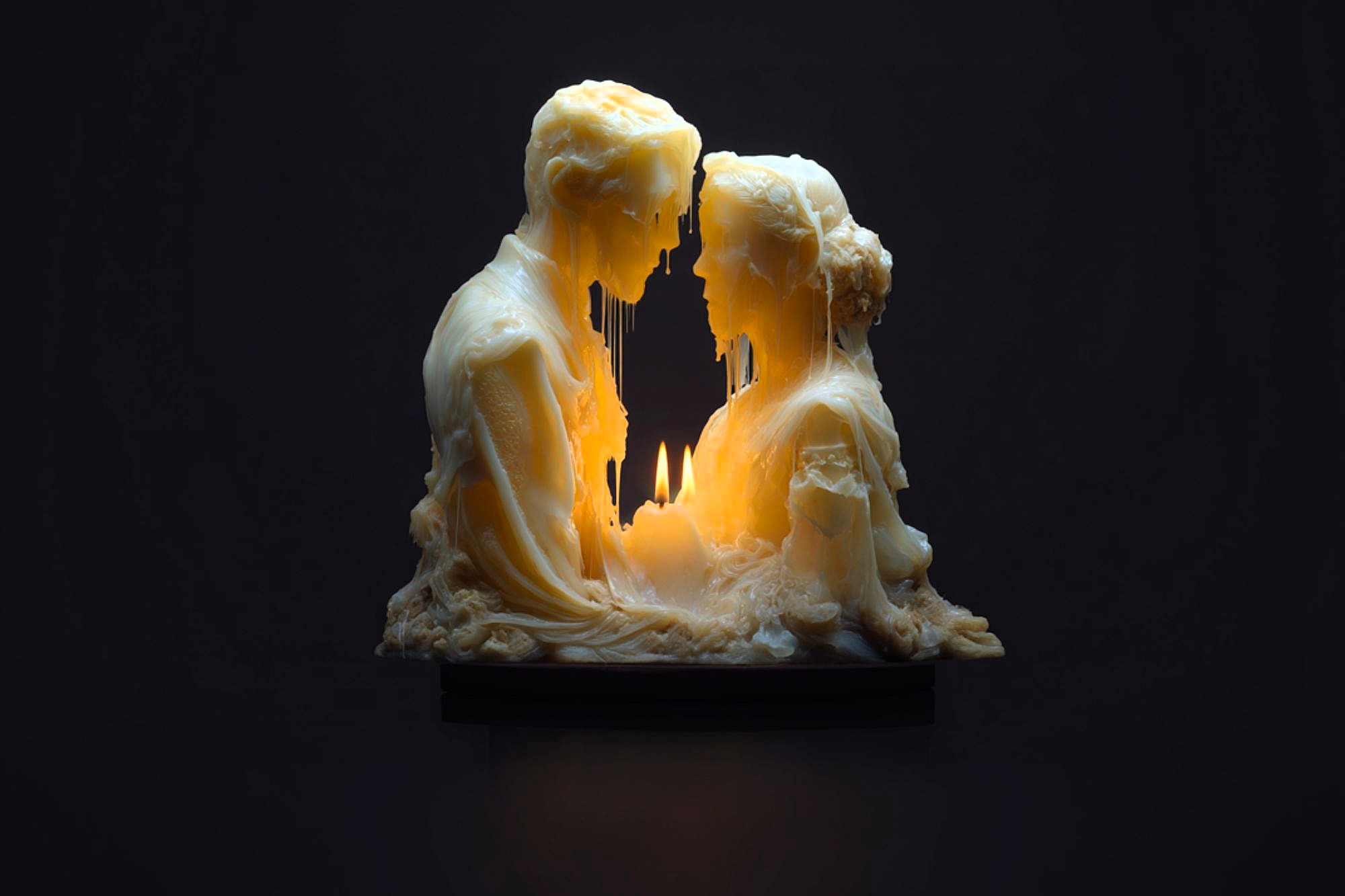 A candle sculpture of a man and woman facing each other, their faces melting from the flame burning between them, creating a warm, dramatic glow in the dark.