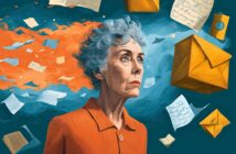An older woman with short gray hair and an orange shirt stands amid swirling letters, envelopes, and papers, with orange and blue colors blending behind her, conveying a sense of thoughts or memories in motion.
