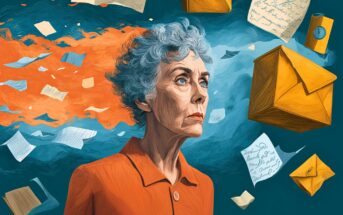An older woman with short gray hair and an orange shirt stands amid swirling letters, envelopes, and papers, with orange and blue colors blending behind her, conveying a sense of thoughts or memories in motion.