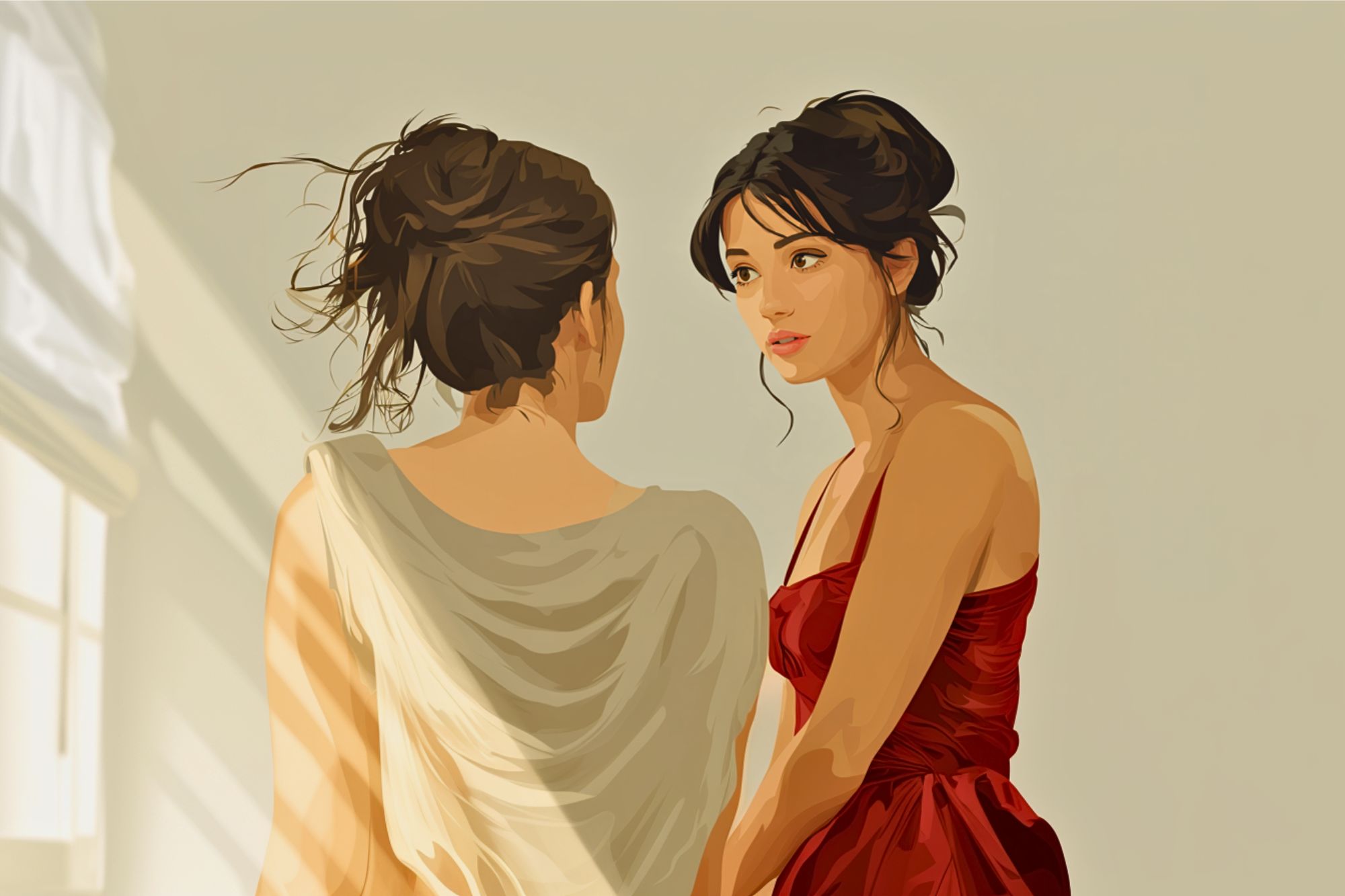 Two women with dark hair in updos stand indoors. One faces away wearing a draped white dress, while the other, in a red dress, faces her and looks thoughtfully to the side. Soft sunlight filters through a window.
