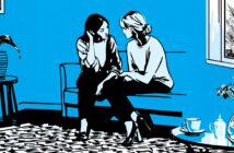 Two women sit closely on a couch, engaged in conversation in a blue-toned, stylized living room. A window, a potted plant, and a table with tea cups and a teapot are visible in the cozy setting.