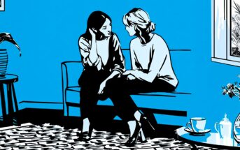 Two women sit closely on a couch, engaged in conversation in a blue-toned, stylized living room. A window, a potted plant, and a table with tea cups and a teapot are visible in the cozy setting.