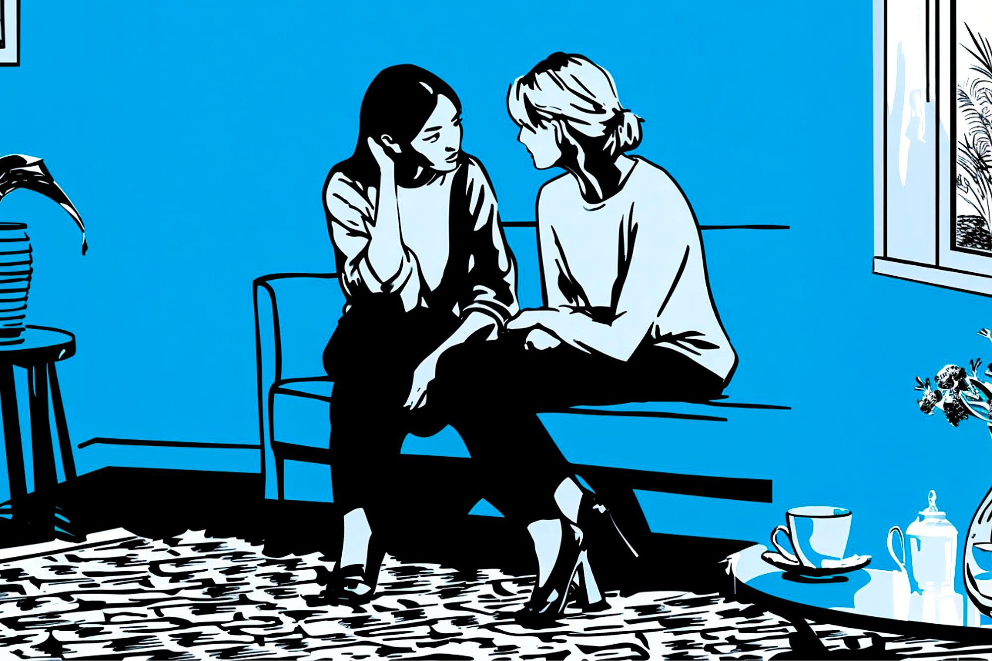 Two women sit closely on a couch, engaged in conversation in a blue-toned, stylized living room. A window, a potted plant, and a table with tea cups and a teapot are visible in the cozy setting.