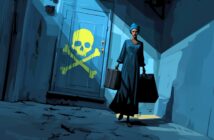 A woman in a blue dress and headwrap carries two suitcases, walking away from a door marked with a large yellow skull and crossbones symbol in a cracked, dimly lit hallway.