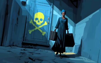 A woman in a blue dress and headwrap carries two suitcases, walking away from a door marked with a large yellow skull and crossbones symbol in a cracked, dimly lit hallway.