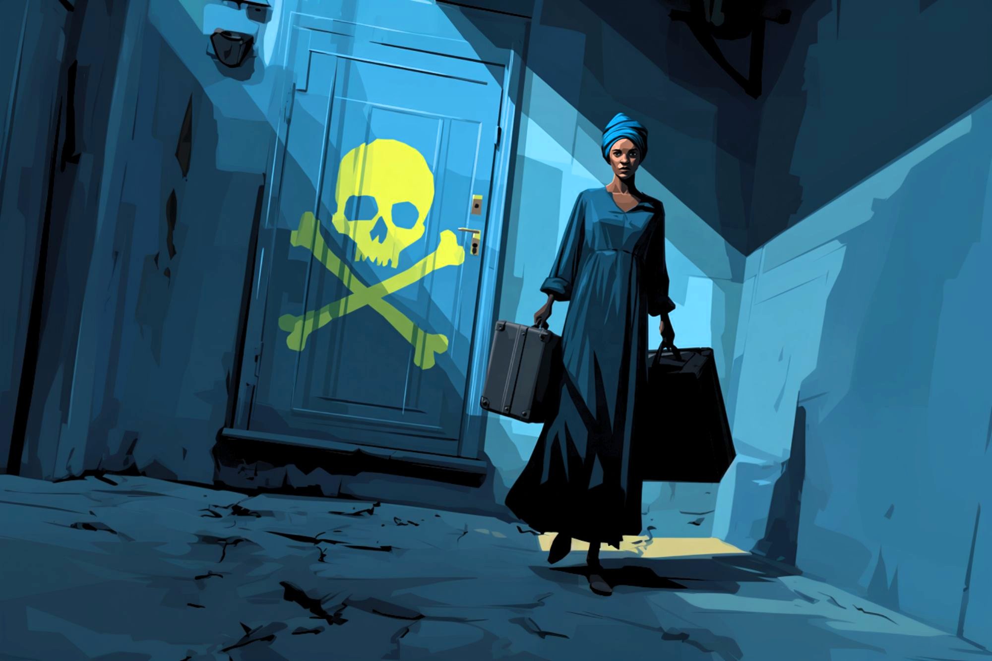 A woman in a blue dress and headwrap carries two suitcases, walking away from a door marked with a large yellow skull and crossbones symbol in a cracked, dimly lit hallway.