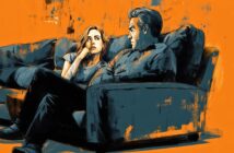 A stylized illustration of a man and woman sitting on a couch against an orange background, facing each other and appearing deep in conversation. The scene uses dark and bold paint strokes for dramatic effect.