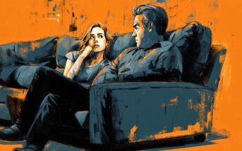 A stylized illustration of a man and woman sitting on a couch against an orange background, facing each other and appearing deep in conversation. The scene uses dark and bold paint strokes for dramatic effect.