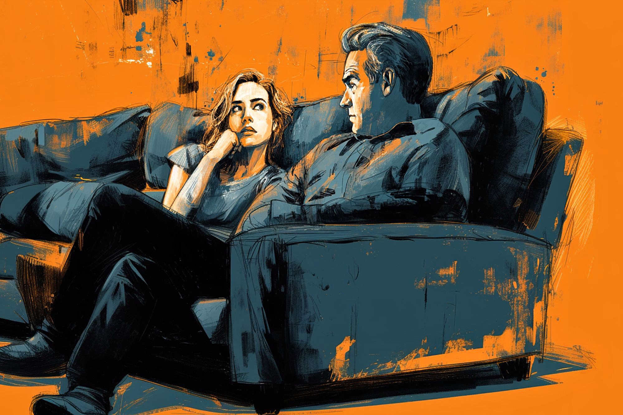 A stylized illustration of a man and woman sitting on a couch against an orange background, facing each other and appearing deep in conversation. The scene uses dark and bold paint strokes for dramatic effect.