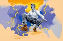 An illustrated boy in a white shirt and boots leaps midair, fists clenched, shouting with energy. Yellow lightning bolts and blue clouds surround him on an orange background.