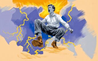An illustrated boy in a white shirt and boots leaps midair, fists clenched, shouting with energy. Yellow lightning bolts and blue clouds surround him on an orange background.