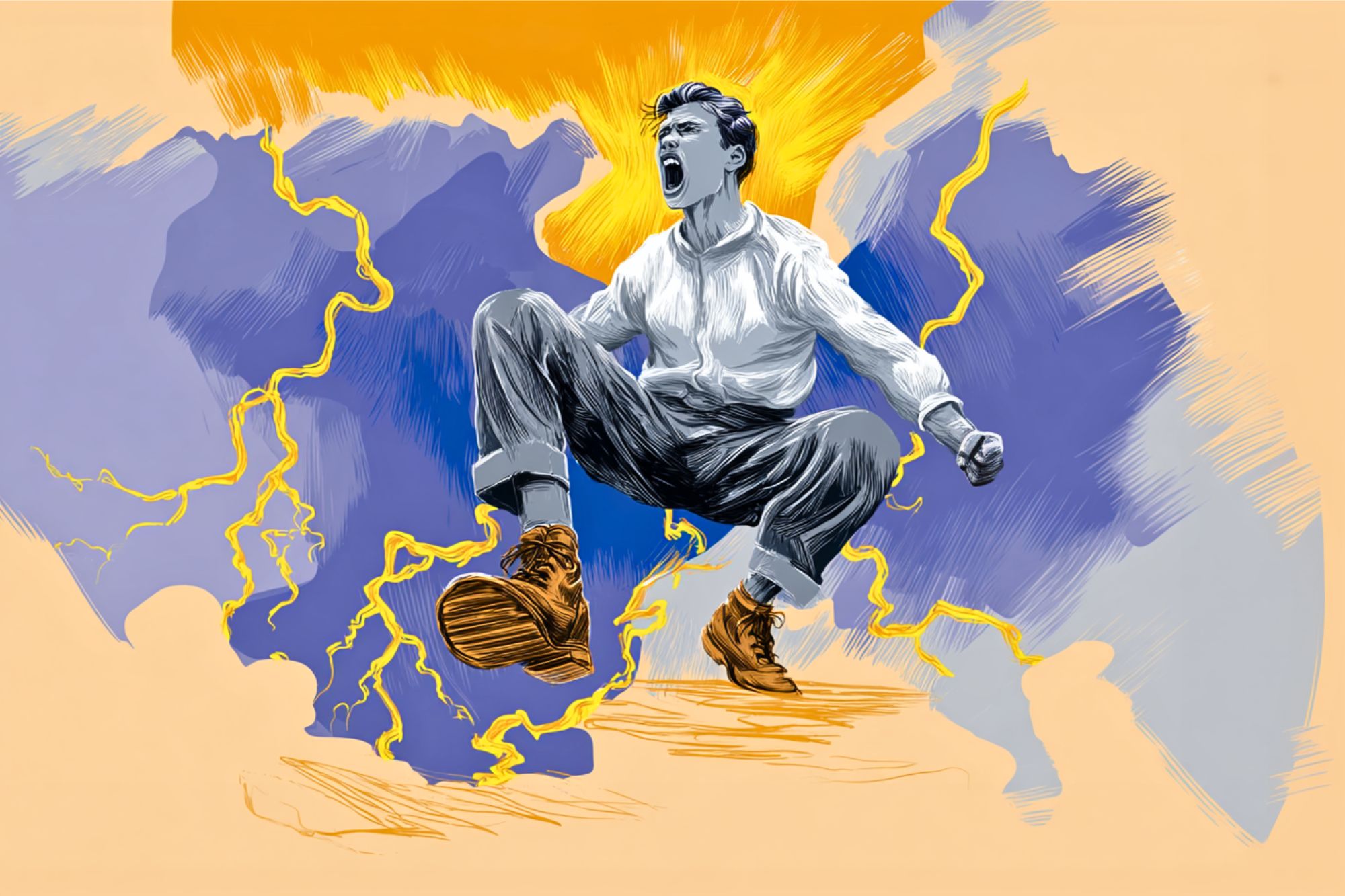 An illustrated boy in a white shirt and boots leaps midair, fists clenched, shouting with energy. Yellow lightning bolts and blue clouds surround him on an orange background.