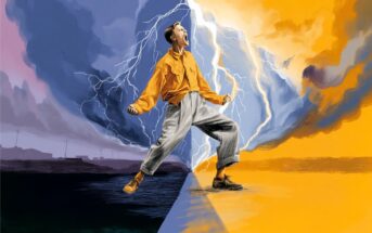 A person in bright clothes stands at the division of a stormy dark sky and a bright yellow one, with lightning striking and their arms bent in a powerful pose.
