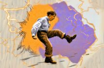 A person in rugged clothes kicks forcefully, breaking through a wall with colorful orange and purple cracks, surrounded by sketch-like lines and abstract textures.