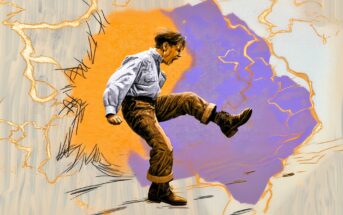 A person in rugged clothes kicks forcefully, breaking through a wall with colorful orange and purple cracks, surrounded by sketch-like lines and abstract textures.