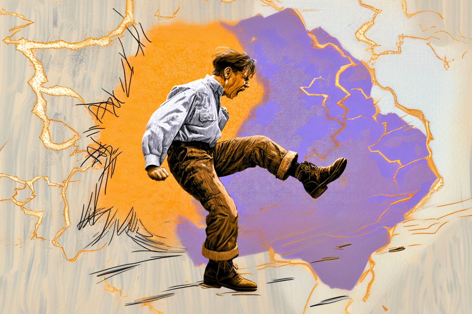 A person in rugged clothes kicks forcefully, breaking through a wall with colorful orange and purple cracks, surrounded by sketch-like lines and abstract textures.