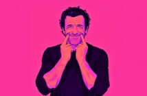 A man illustrated in bold pink and purple hues smiles while using both index fingers to stretch the corners of his mouth upward against a bright pink background.