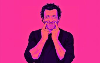 A man illustrated in bold pink and purple hues smiles while using both index fingers to stretch the corners of his mouth upward against a bright pink background.