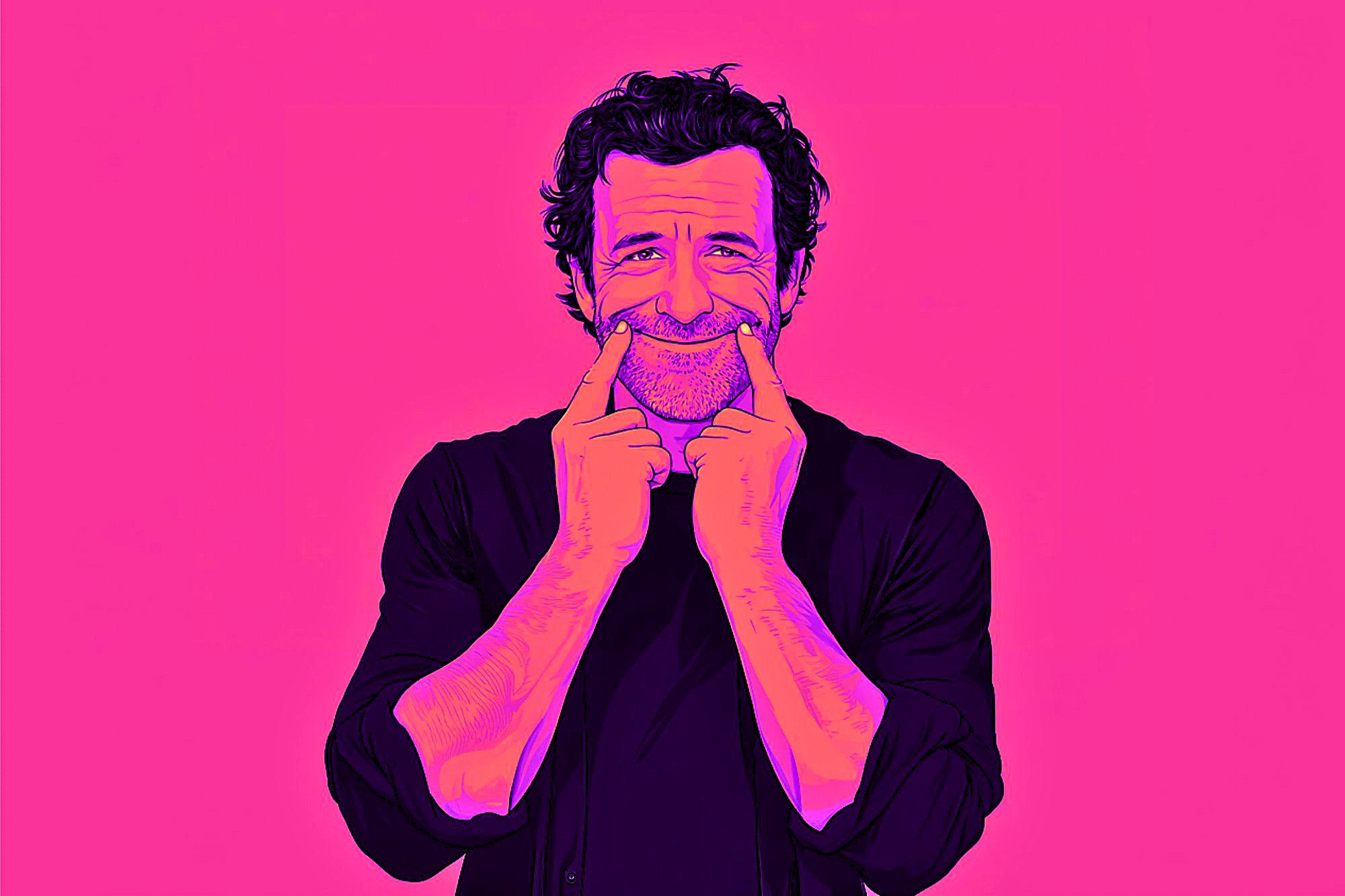 A man illustrated in bold pink and purple hues smiles while using both index fingers to stretch the corners of his mouth upward against a bright pink background.