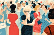 A blonde woman with glasses stands pensively in a busy crowd of women wearing vintage dresses, appearing isolated and thoughtful amid lively conversation and colorful outfits.