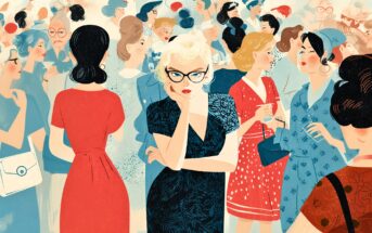 A blonde woman with glasses stands pensively in a busy crowd of women wearing vintage dresses, appearing isolated and thoughtful amid lively conversation and colorful outfits.