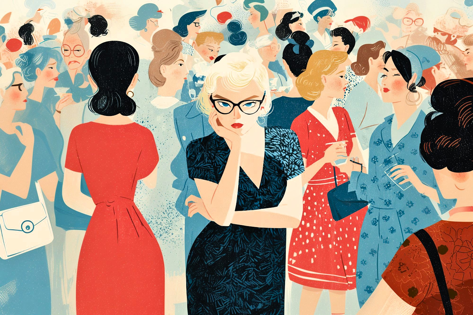 A blonde woman with glasses stands pensively in a busy crowd of women wearing vintage dresses, appearing isolated and thoughtful amid lively conversation and colorful outfits.