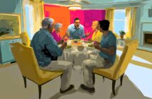 Four people sit around a dinner table in a brightly lit room, sharing a meal. A fifth person stands behind the table, appearing angry or shouting, while the others look toward him. The background is colorful and expressive.