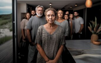 A woman stands at the front of a group of serious-faced people indoors, with natural light coming from the left. The group appears to be family or friends, all wearing neutral-colored clothing.
