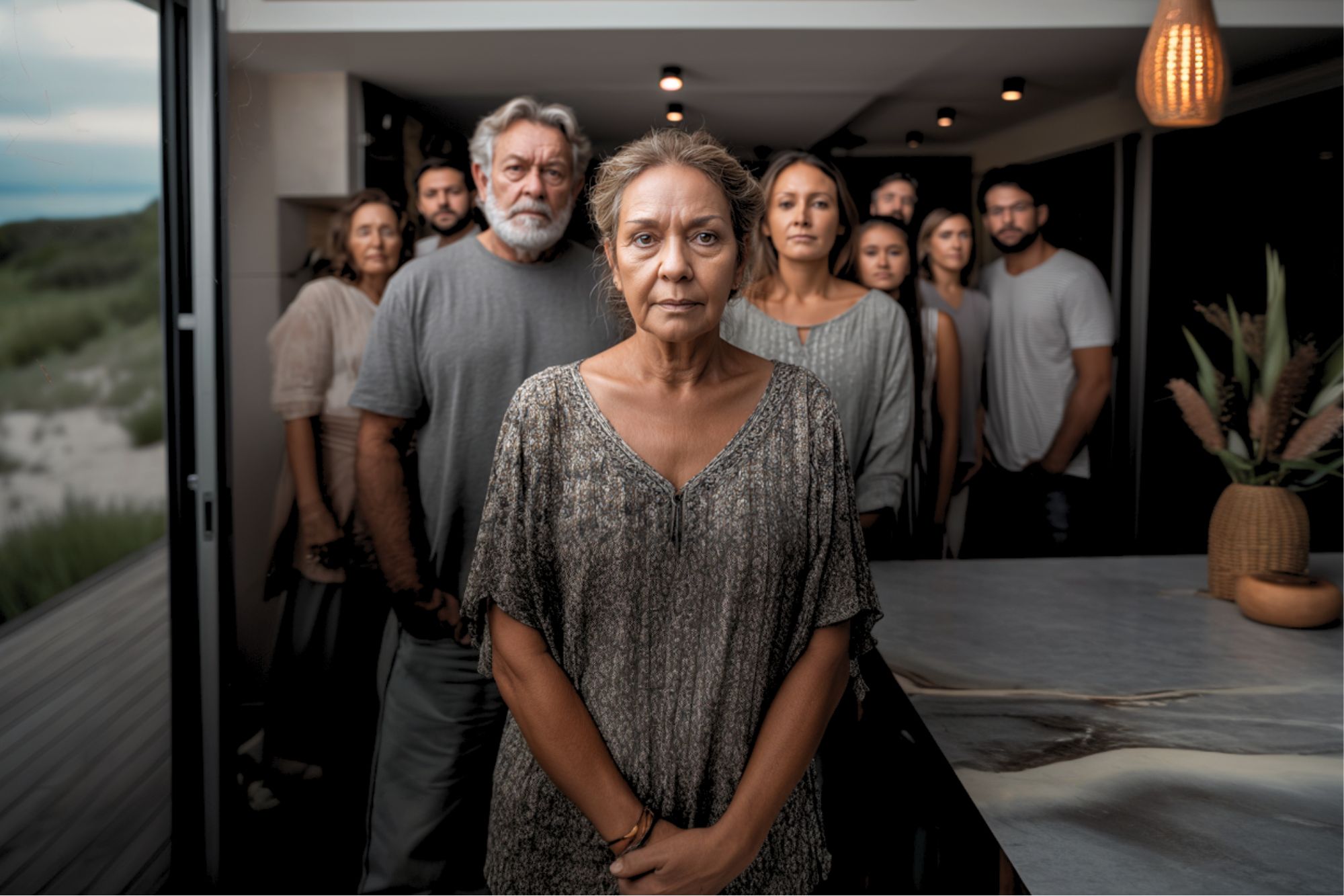 A woman stands at the front of a group of serious-faced people indoors, with natural light coming from the left. The group appears to be family or friends, all wearing neutral-colored clothing.
