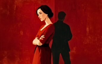Illustration of a woman in a red dress standing with arms crossed, looking pensive, while a shadowy man stands in the background against a textured red wall.
