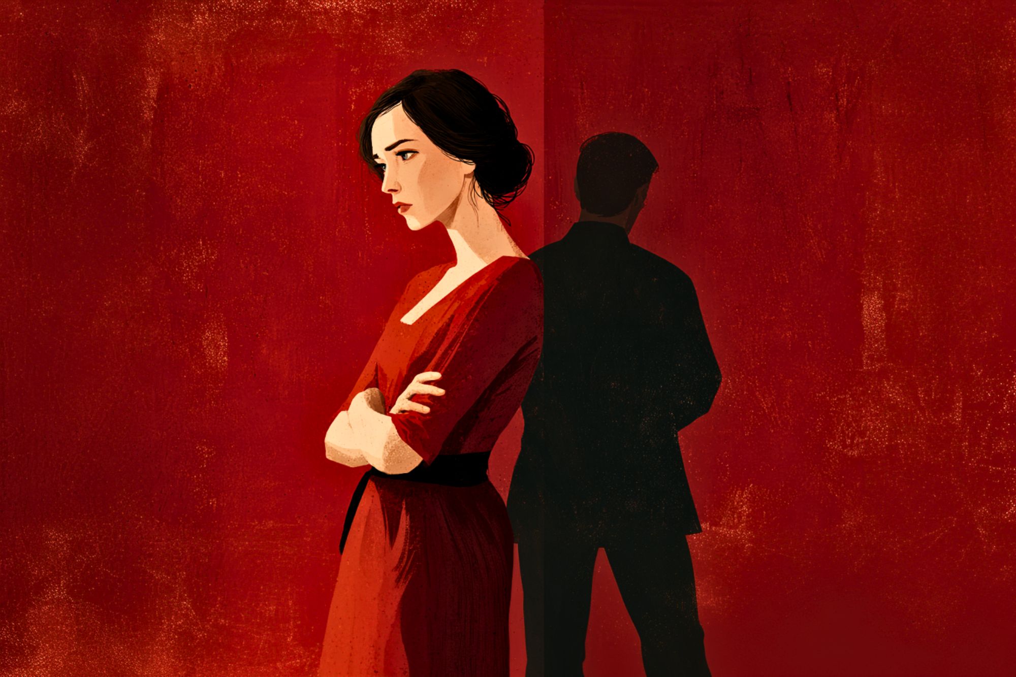Illustration of a woman in a red dress standing with arms crossed, looking pensive, while a shadowy man stands in the background against a textured red wall.